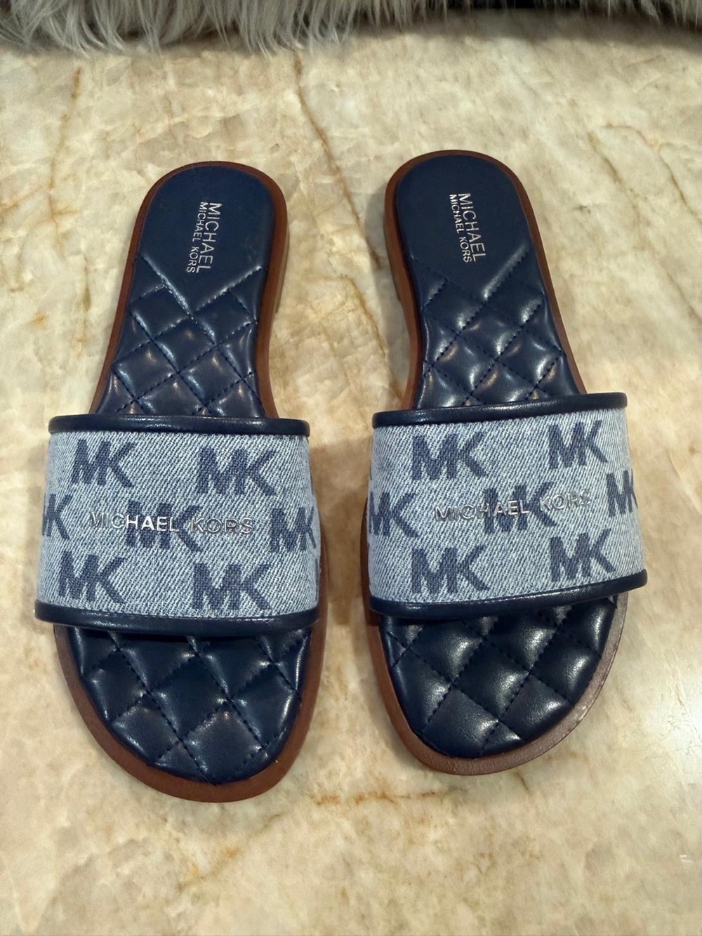 Michael Kors Women’s Logo Slide Denim Slide Sandals. New